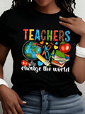 Teacher Print Crew Neck T-Shirt Casual Short Sleeve For product image 1
