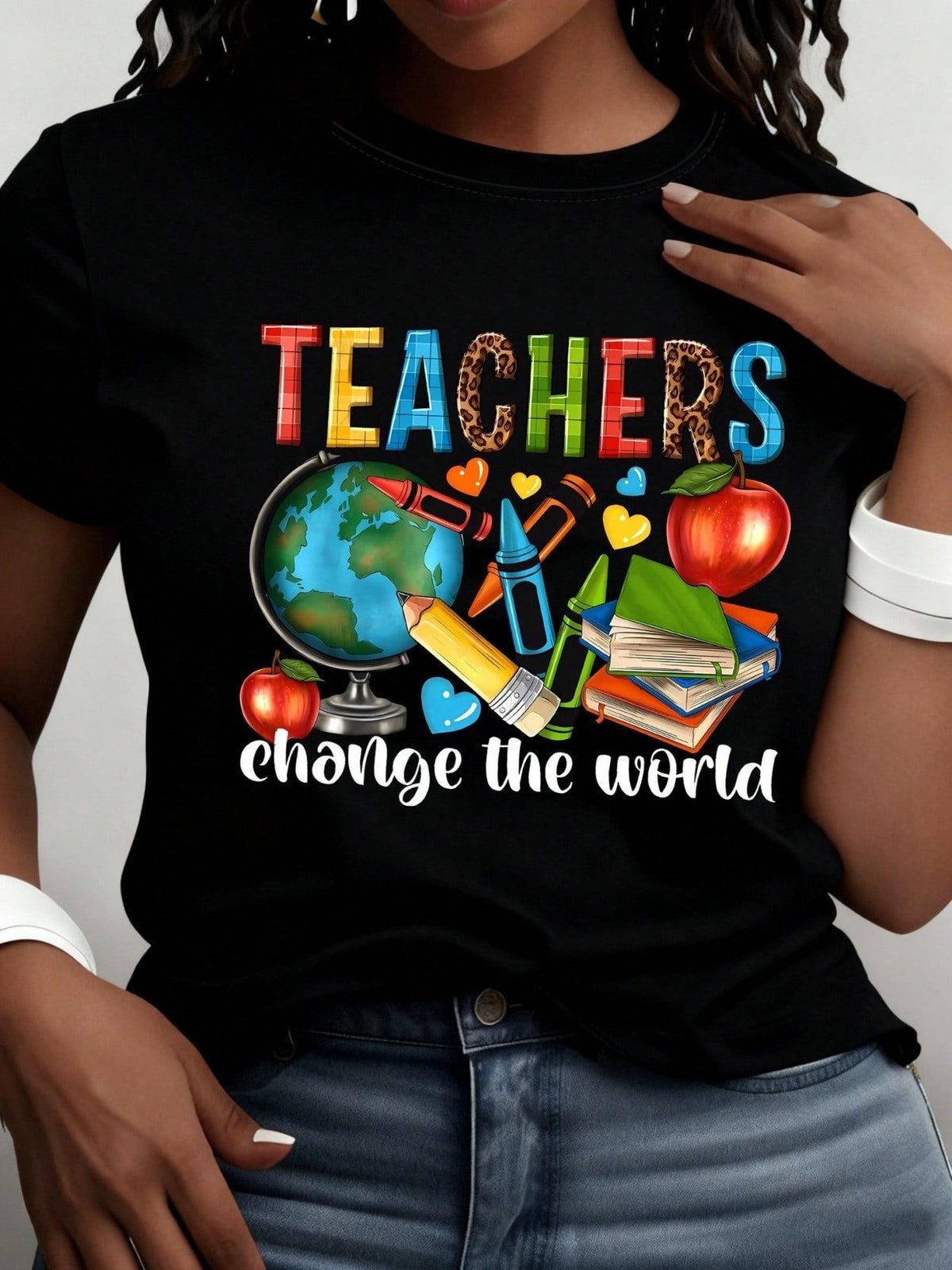 Teacher Print Crew Neck T-Shirt Casual Short Sleeve For product image 1