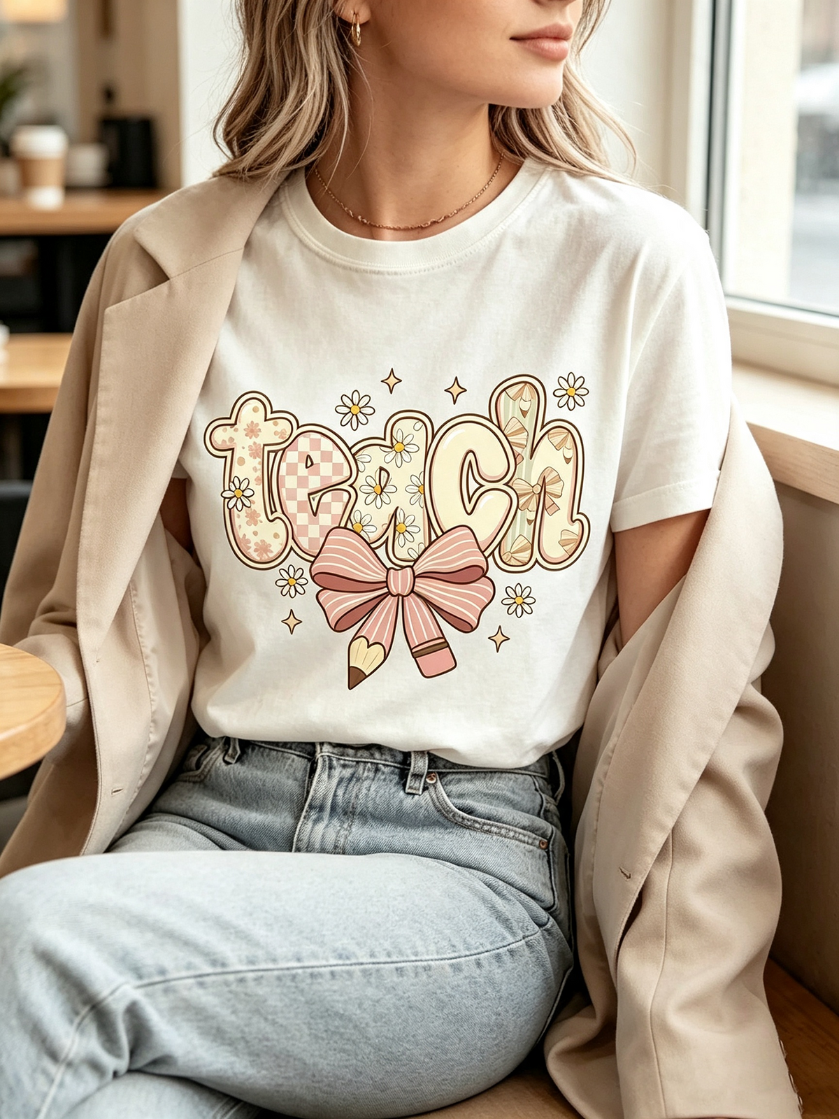Retro Teach Graphic T‑Shirts for Women, Cute Bow Pencil product image 3