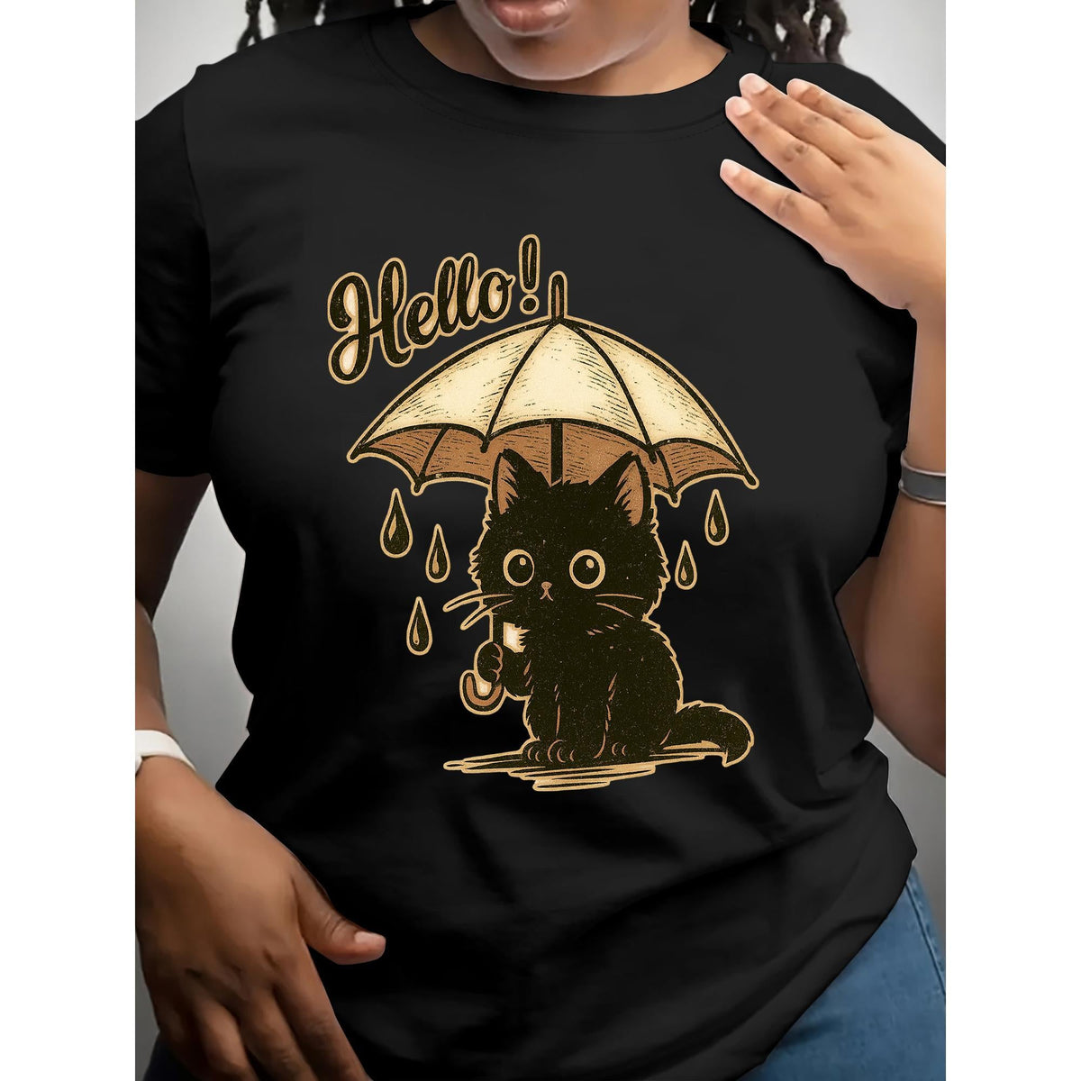 Black Cartoon Cat Printed T-shirt with Umbrella | Women'S product image 4