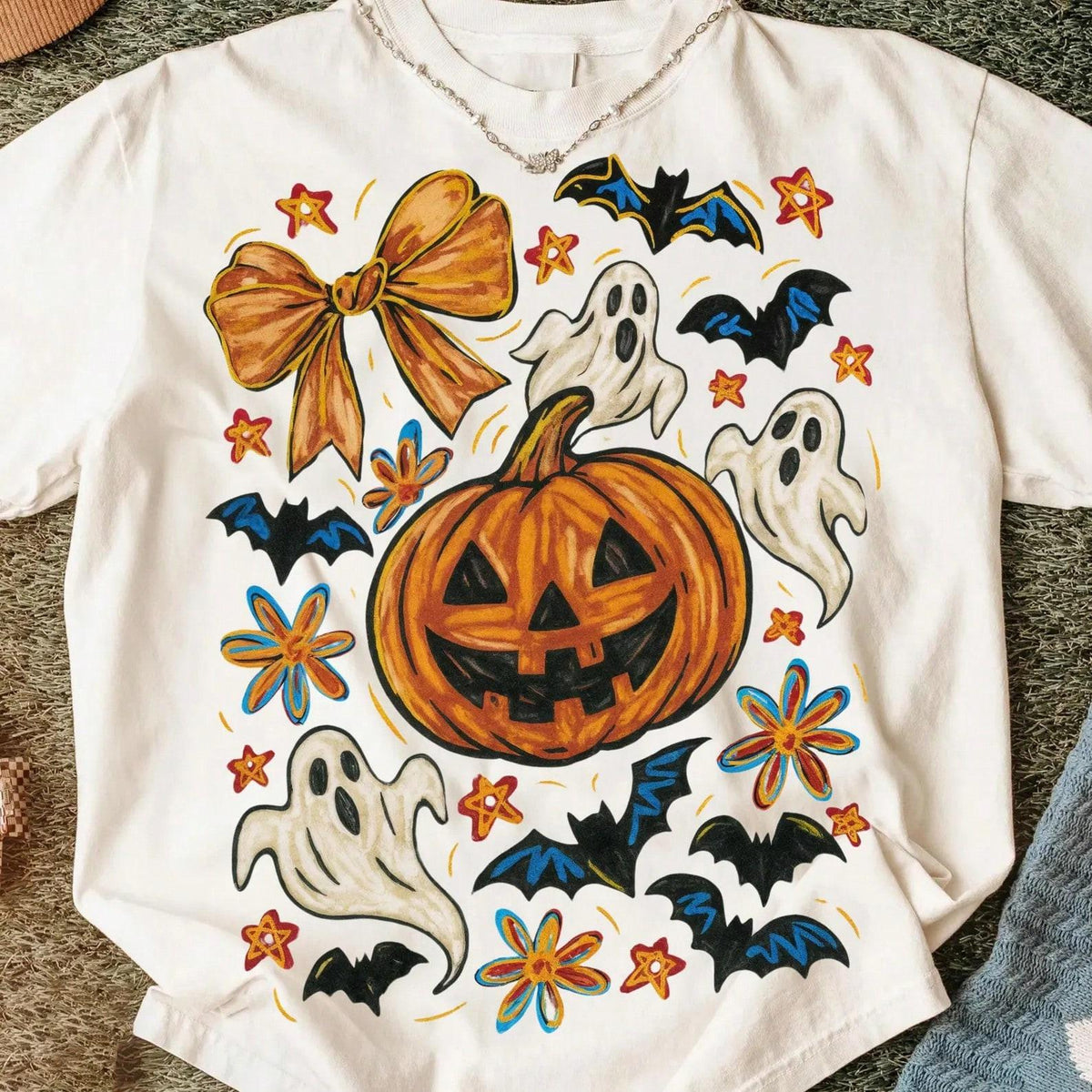 Coquette Bow Pumpkin Graphic Tee Vintage Halloween Ghost product image 1