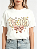 Retro Teach Graphic T‑Shirts for Women, Cute Bow Pencil product image 1