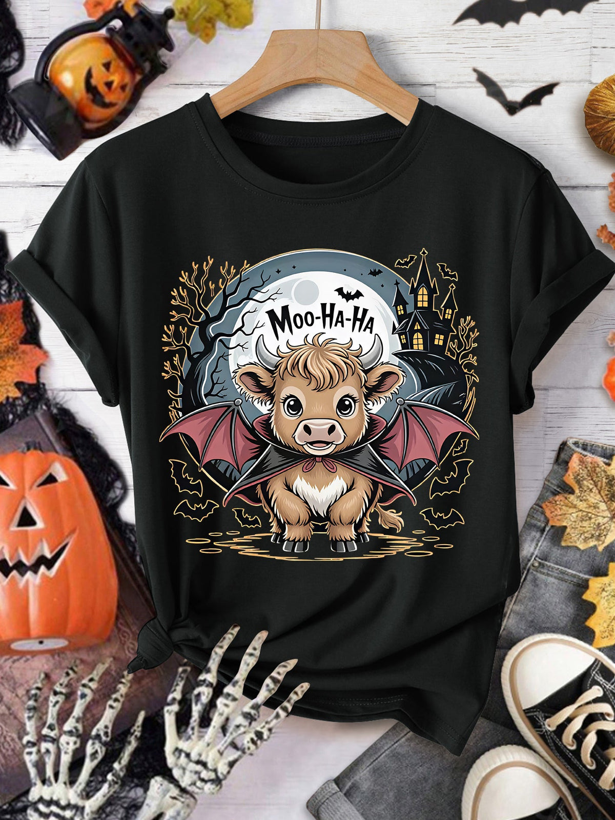 Moo-Ha-Ha T-Shirt Halloween Highland Cow Vampire Bat Tee product image 12