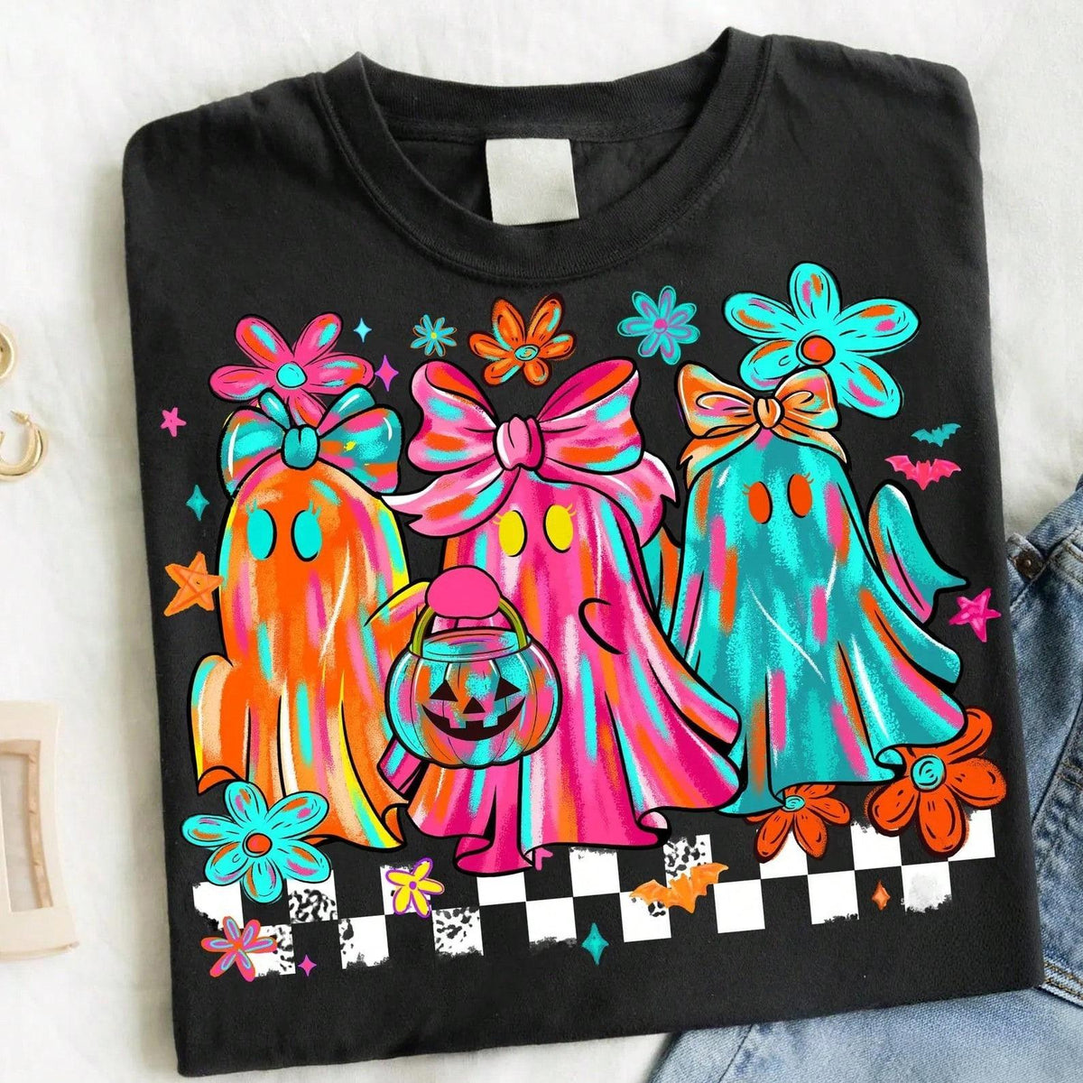 Neon Ghost Bow Graphic Tee Checkerboard Halloween Pumpkin product image 10