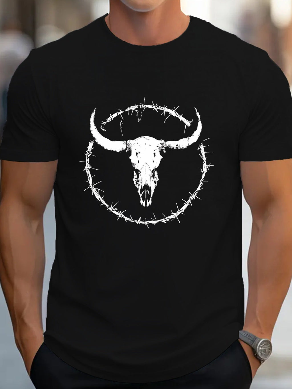 Western Bull Skull Design Men's Casual Grew Neck Short product image 2