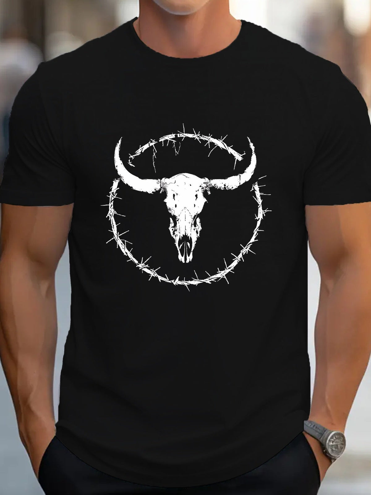 Western Bull Skull Design Men's Casual Grew Neck Short product image 2