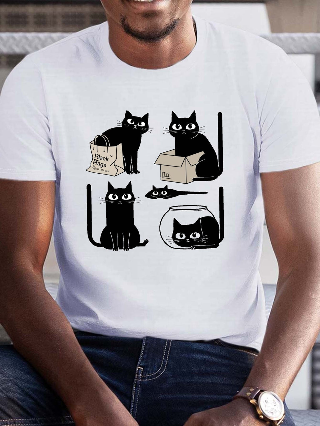 Men's Humorous Black Cat Graphic Tee - Crew Neck, Trendy product image 2