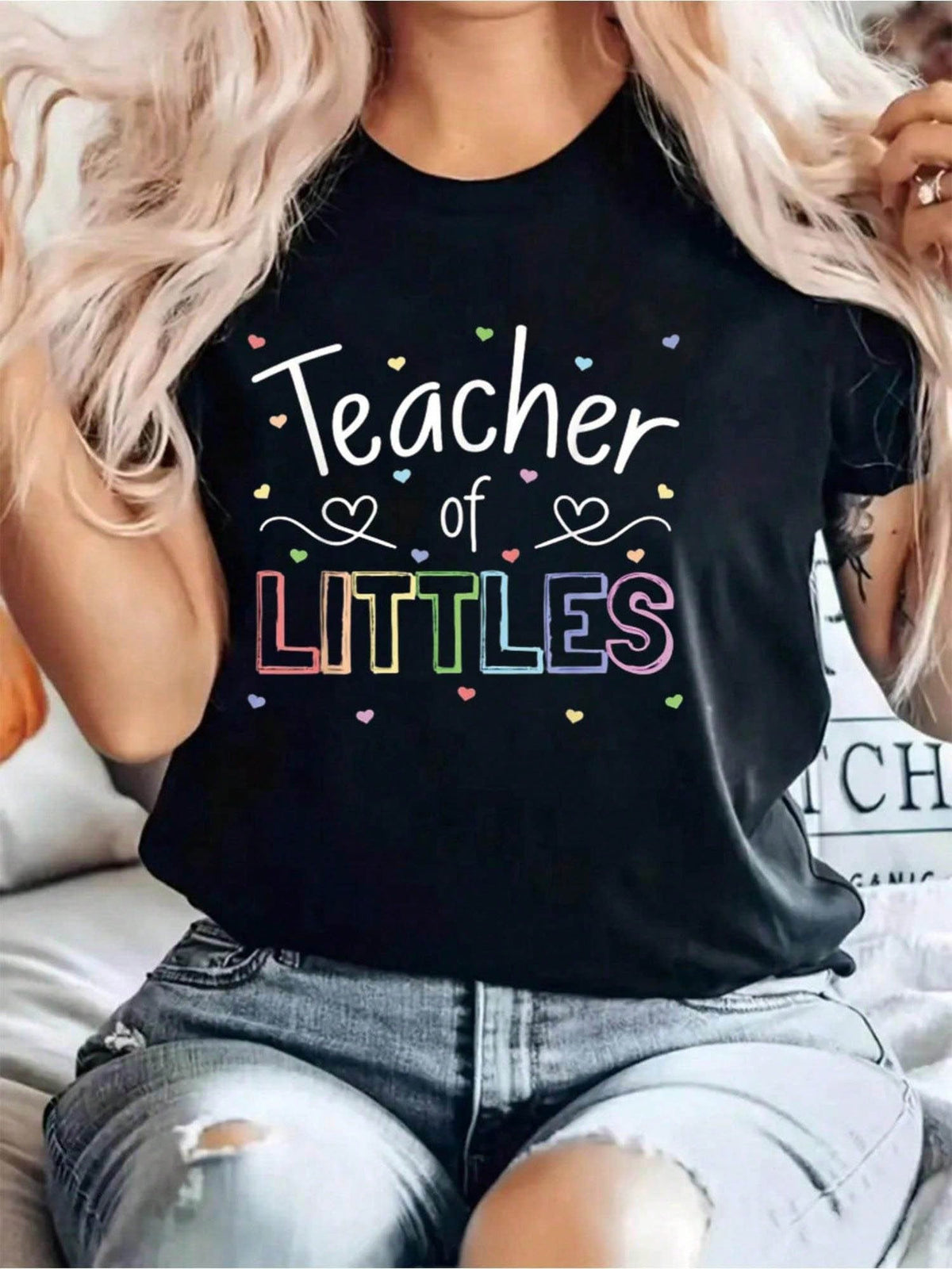 Teacher Of LITTLES Letter Print T-Shirt, Short Sleeve Crew product image 1