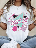 Teacher T Shirt White Text Apple And Notebook Print Casual product image 1