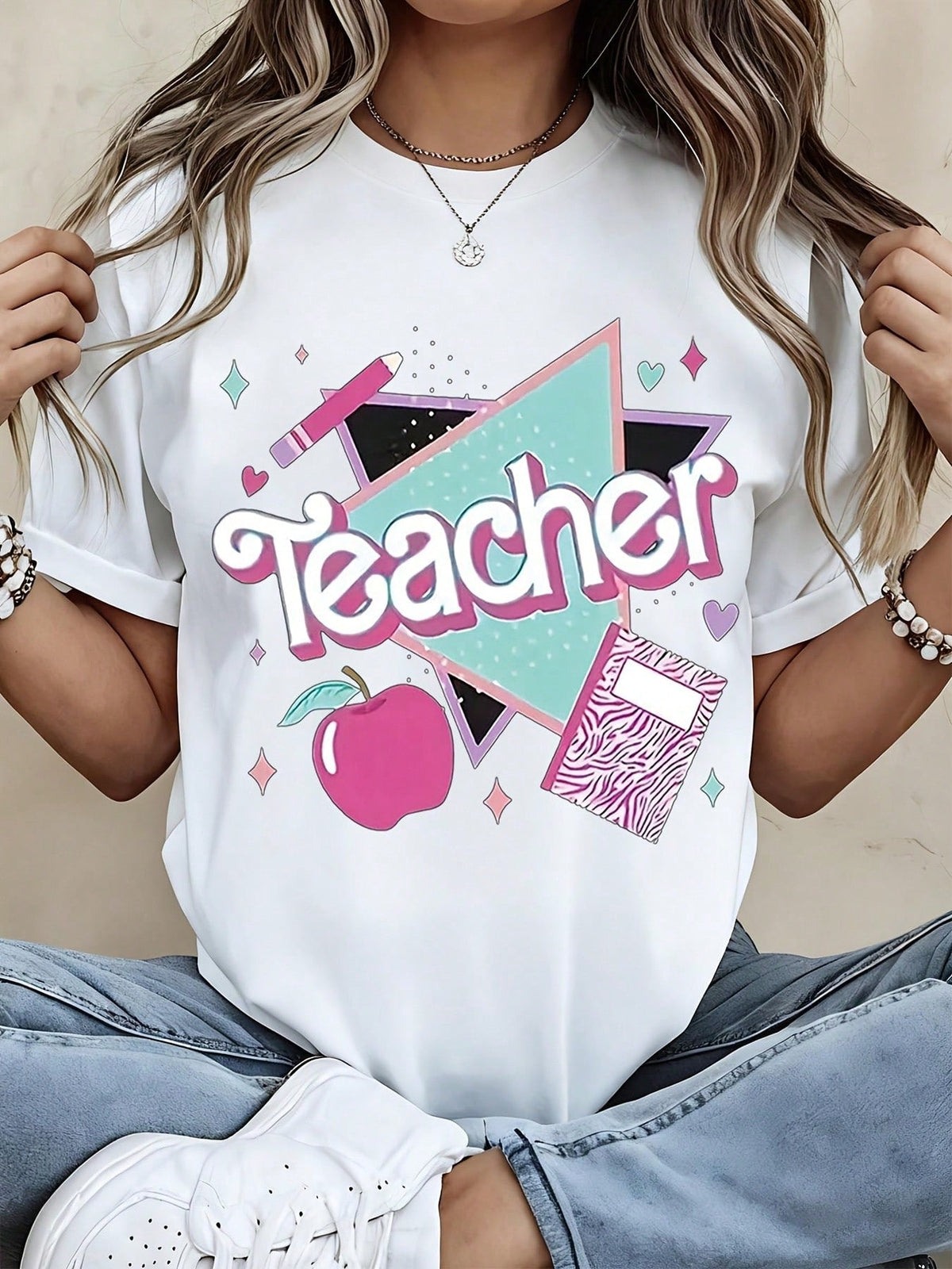Teacher T Shirt White Text Apple And Notebook Print Casual product image 1