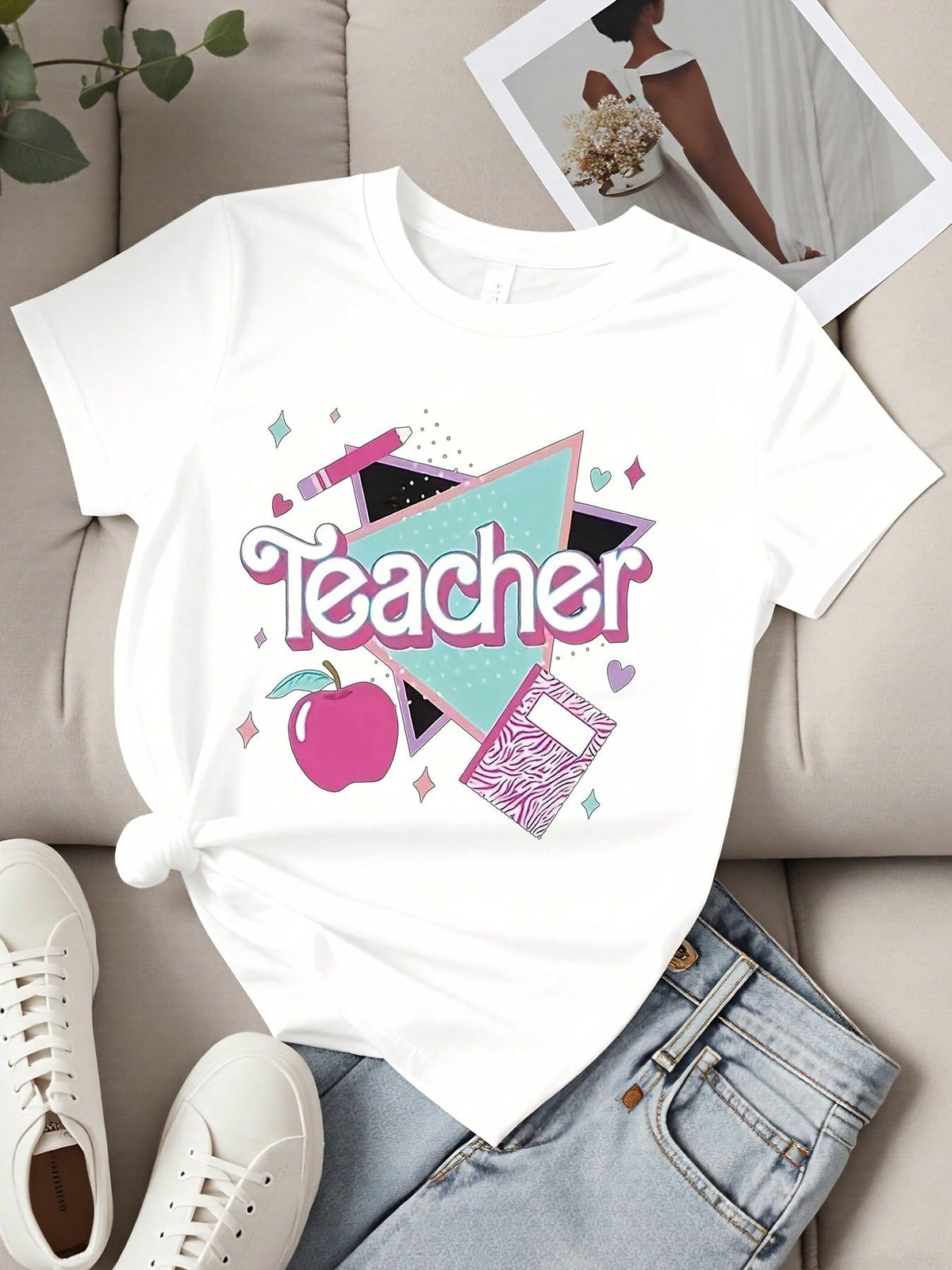 Teacher T Shirt White Text Apple And Notebook Print Casual product image 2