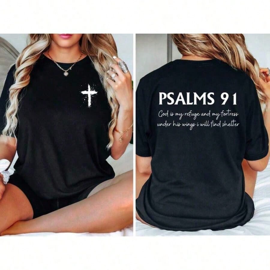 Psalm 91 Bible Verse Christian Cotton T-Shirt Women Soft product image 2