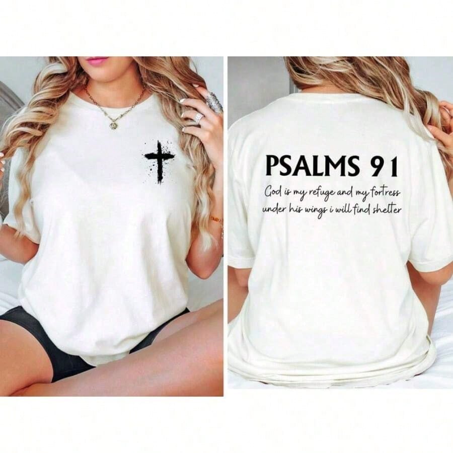 Psalm 91 Bible Verse Christian Cotton T-Shirt Women Soft product image 3