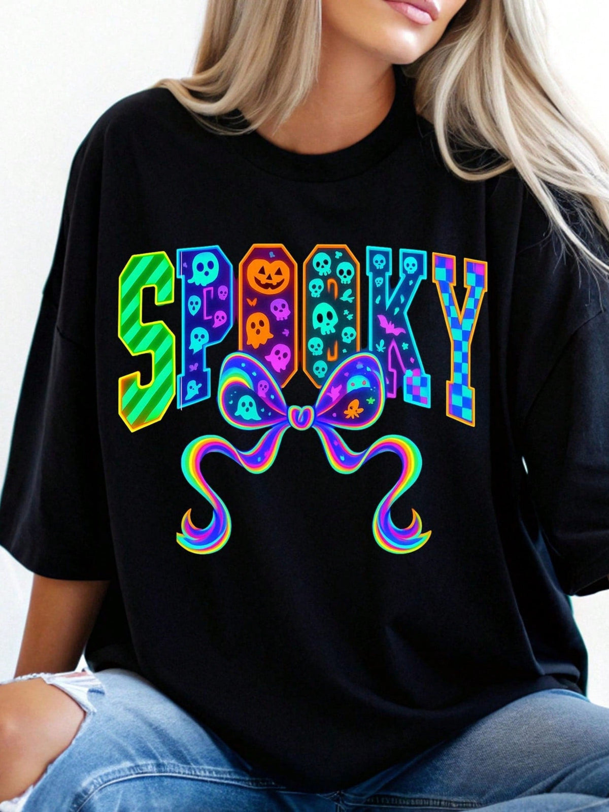 Women’s Neon Spooky Halloween Graphic T-Shirt, Multicolor product image 1