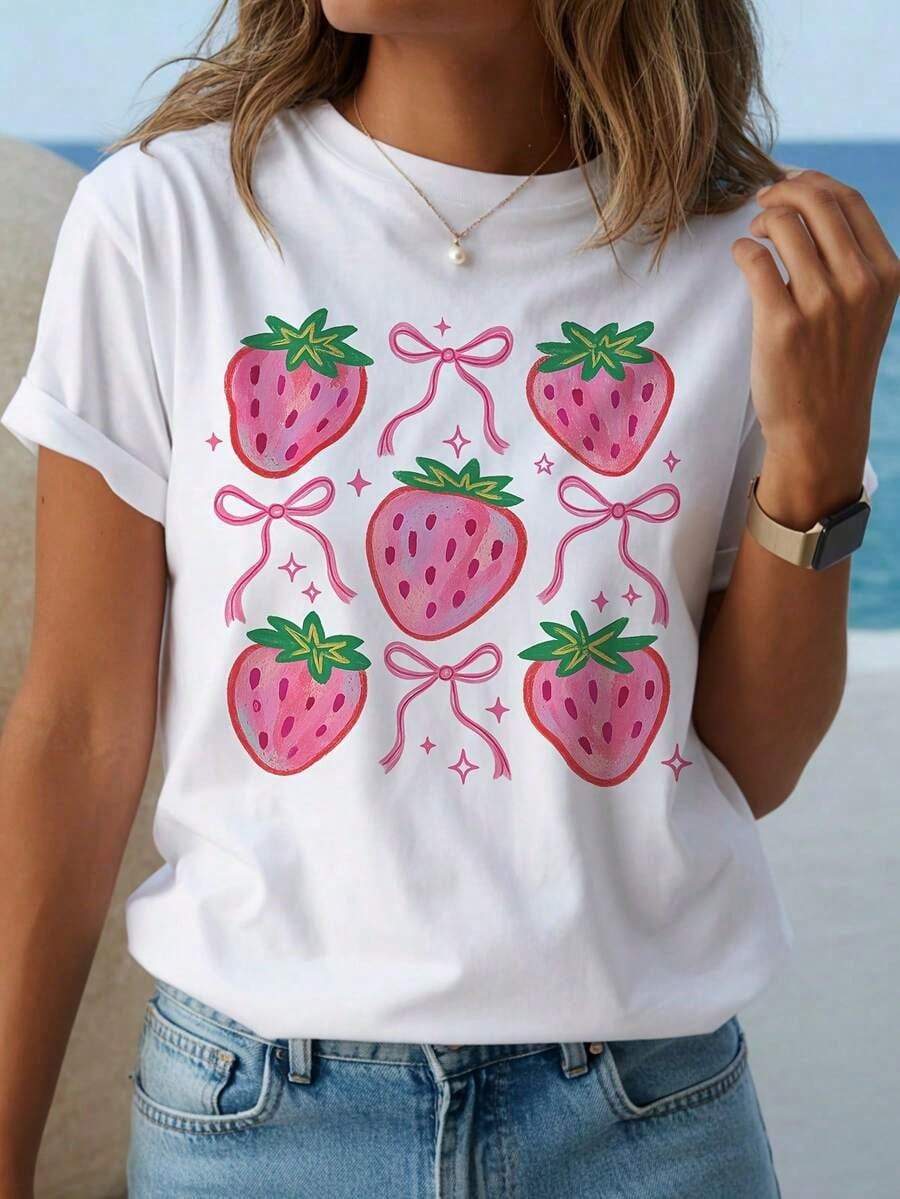 Women's Cute Strawberry Print T-Shirt - Red Strawberries product image 2