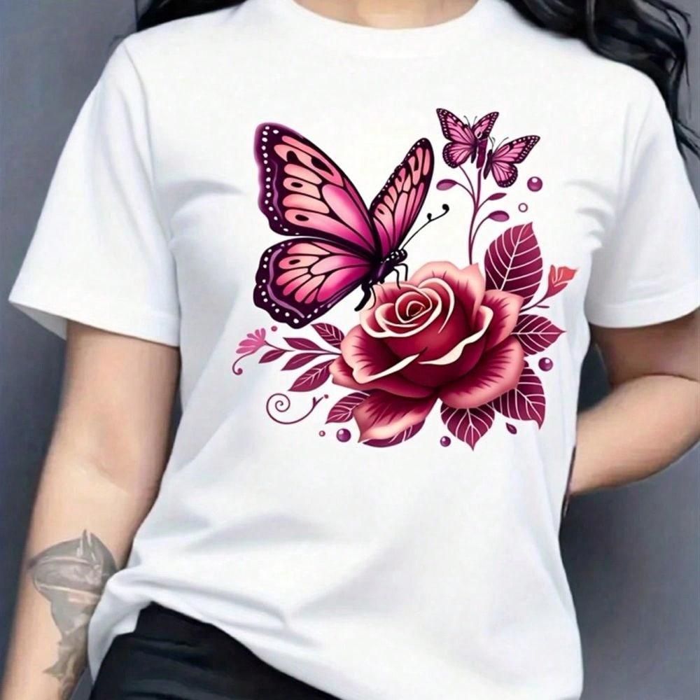 Short Sleeve TShirt Pink Butterfly Rose Floral Print Unisex product image 2