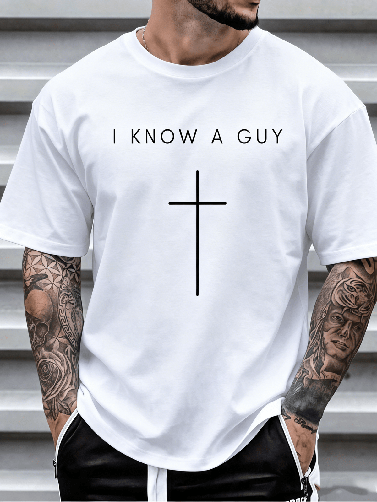 Men's Christian Graphic T-Shirt, I Know A Guy Cross Faith product image 3
