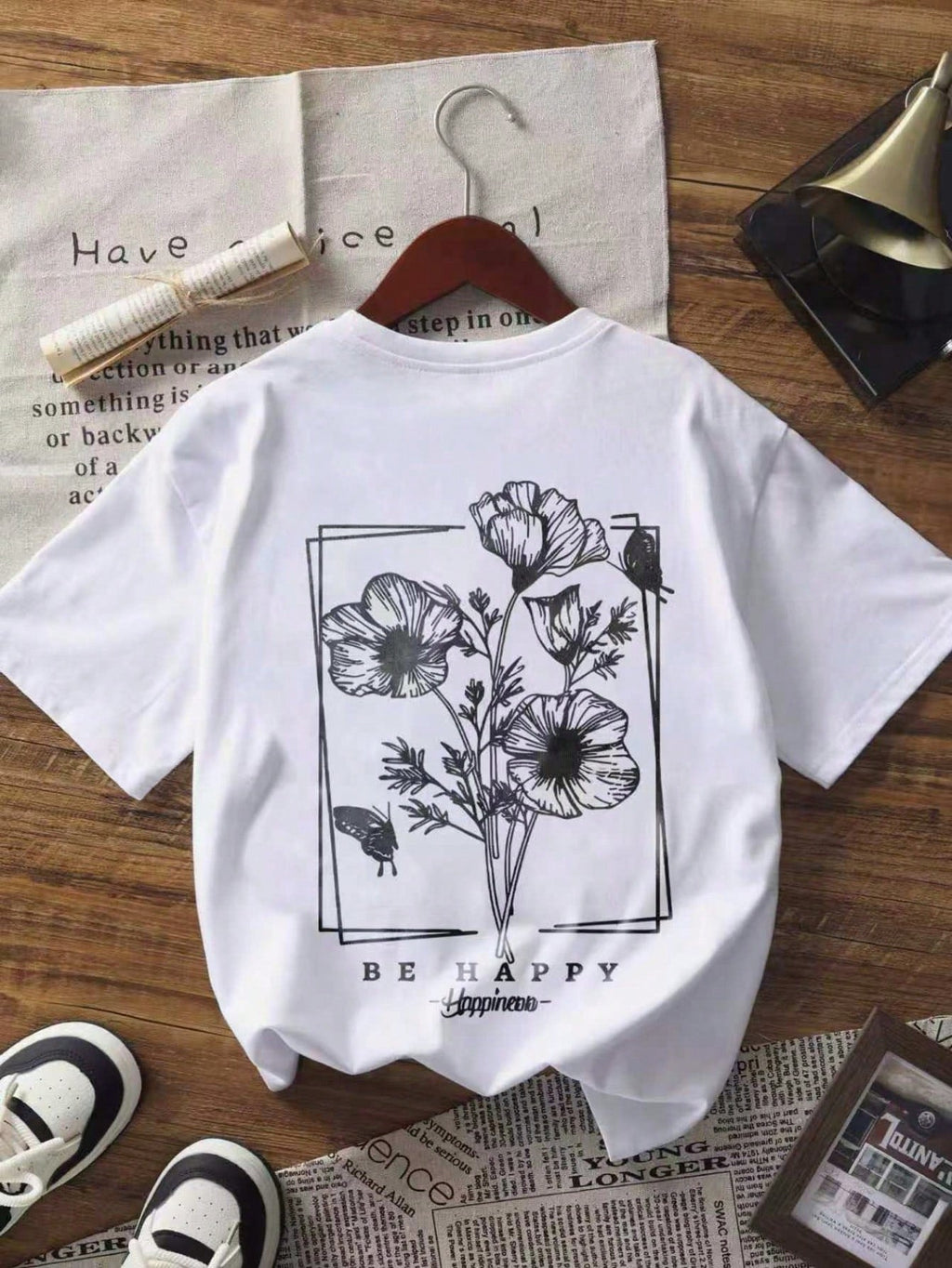 Women's Back Print Floral & Butterfly Graphic T‑Shirt, Be product image 1