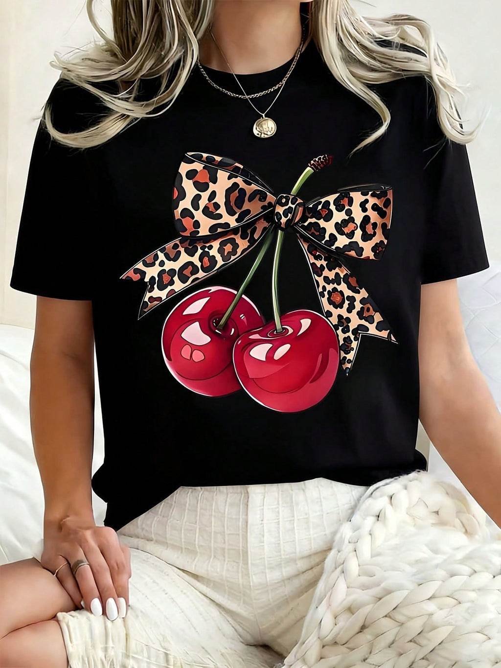 Women Round Neck T Shirt Cherry Leopard Bow Print Casual product image 2