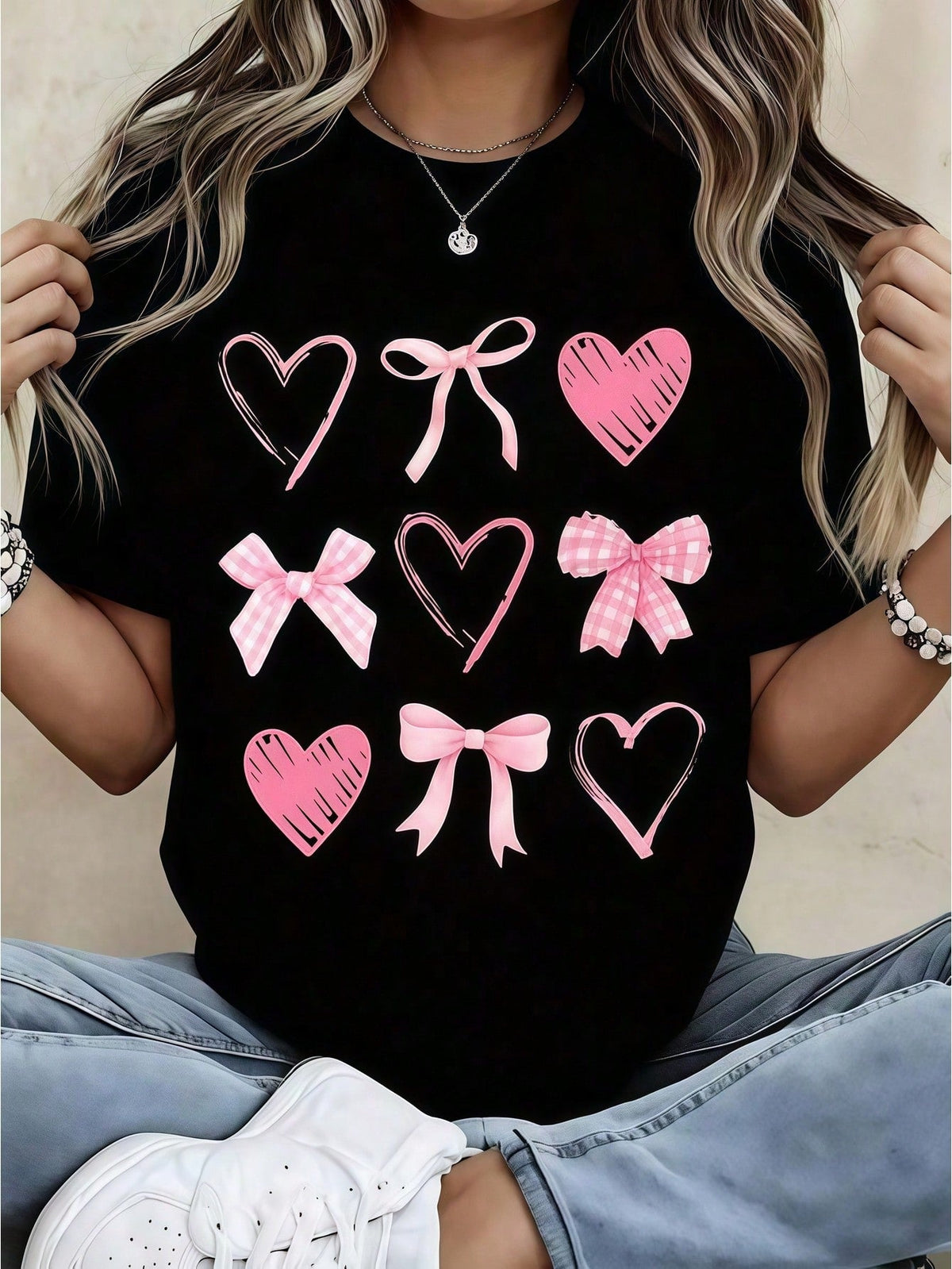 Women's Pink Bow & Heart Graphic T-Shirt, Cute Coquette product image 1