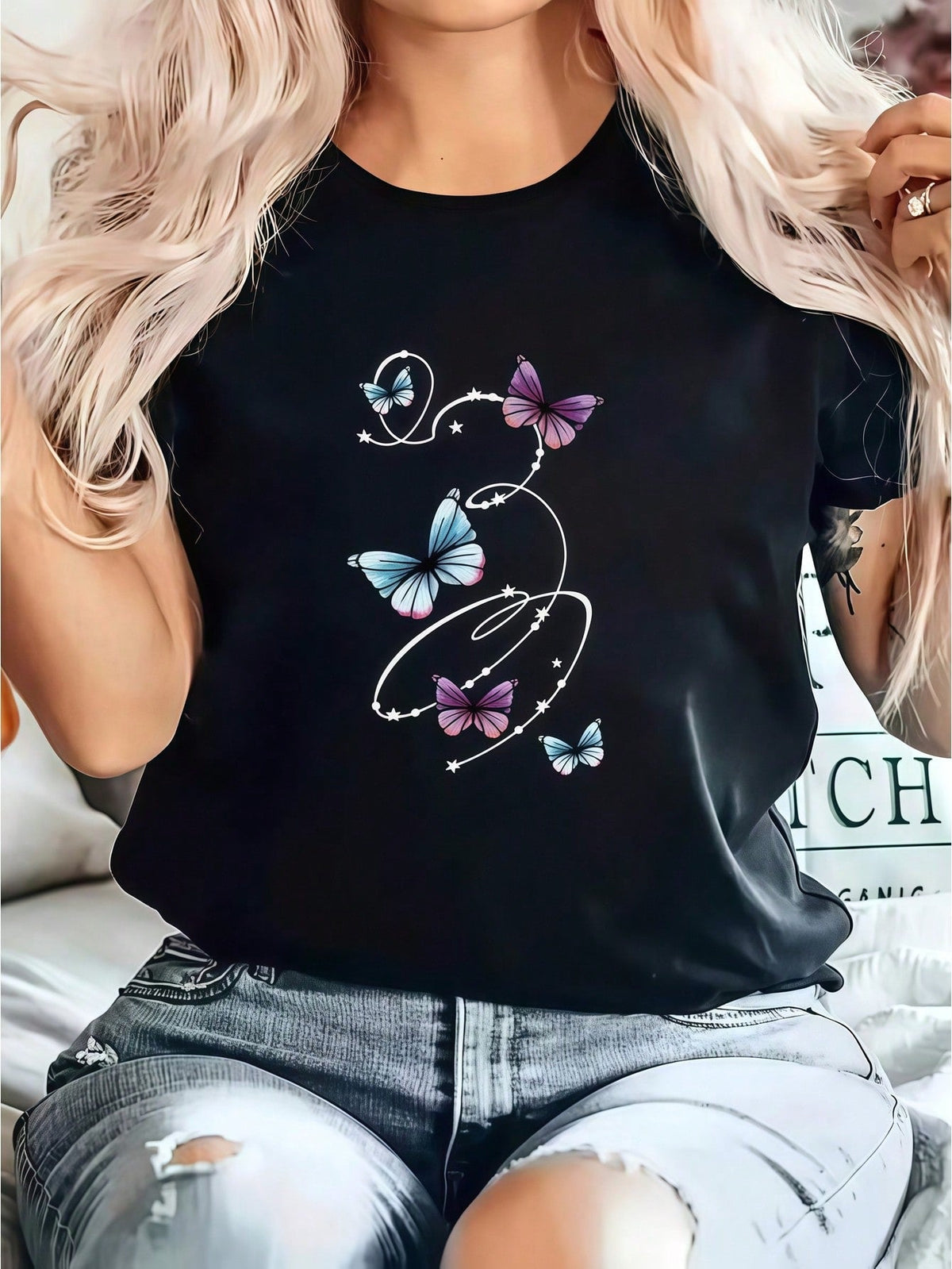 Gradient Purple Blue Butterflies Swirl Star Line Art Casual product image 2
