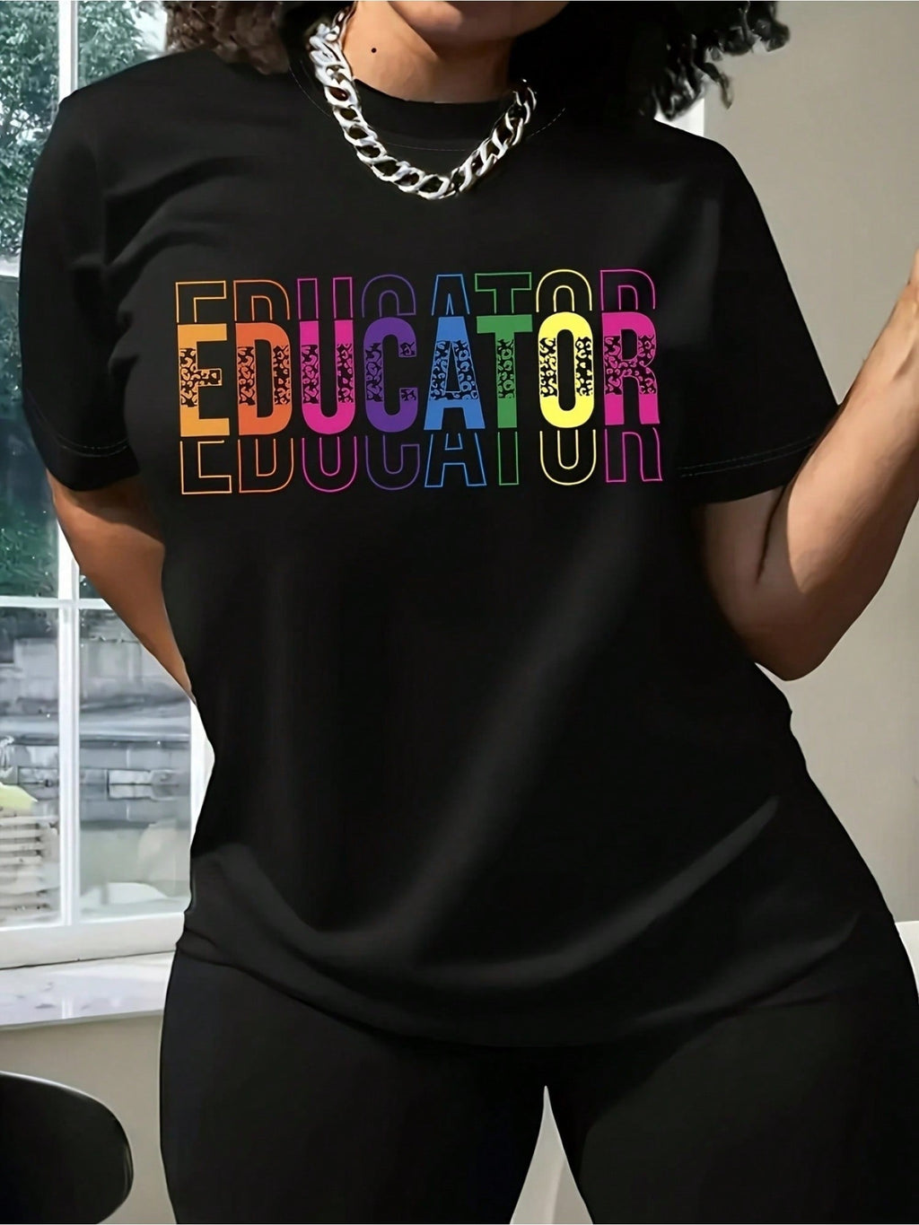 Women's Educator Graphic T-Shirt, Colorful Letter Print product image 2