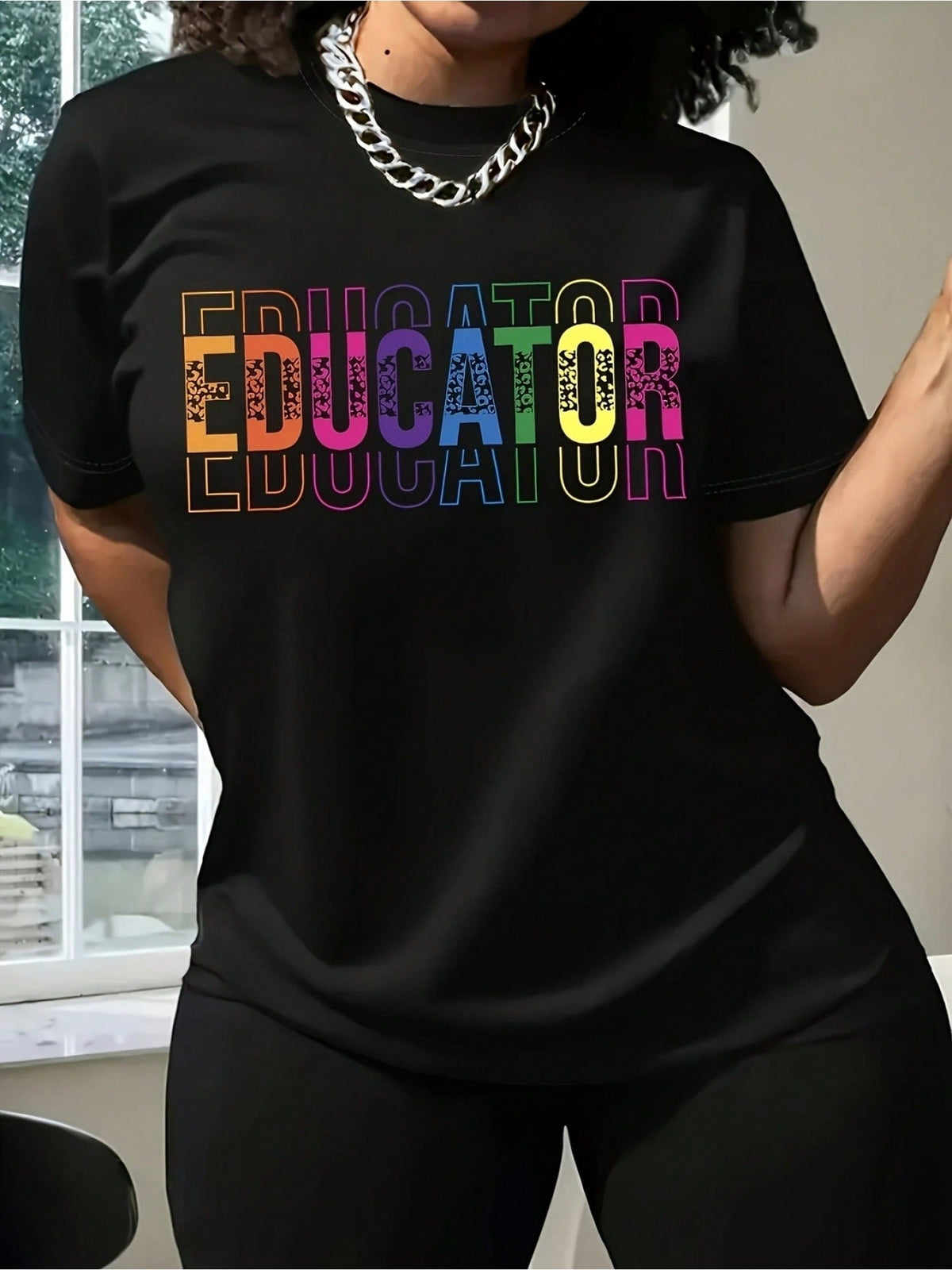 Women's Educator Graphic T-Shirt, Colorful Letter Print product image 2