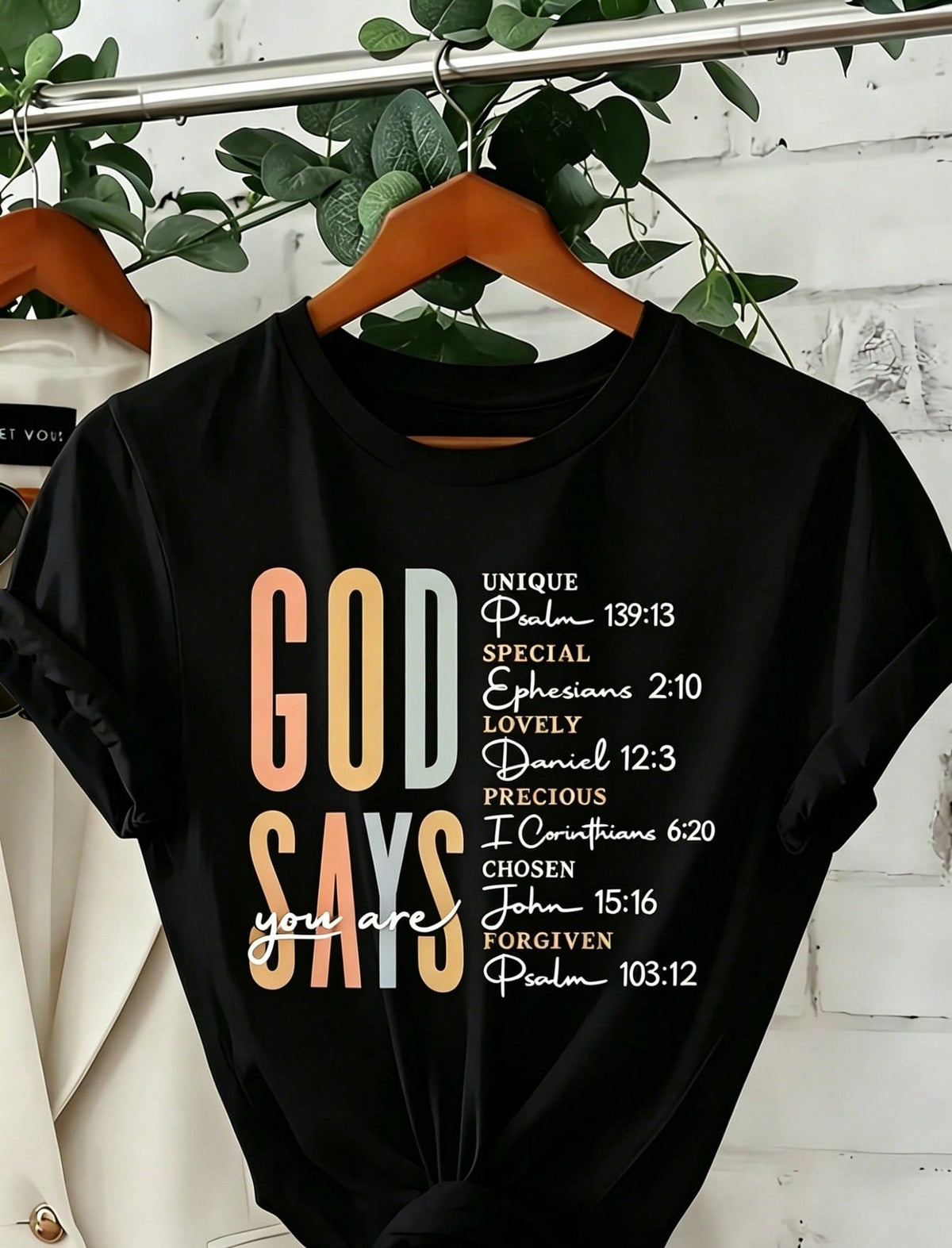 Women' God Says Bible Verse Print Black TShirt Crew Neck product image 3