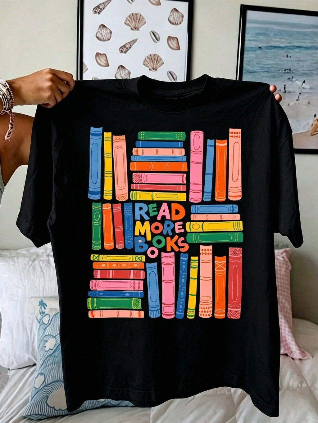 Book Lover T Shirt Women Colorful Stacked Books Graphic Tee product image 12