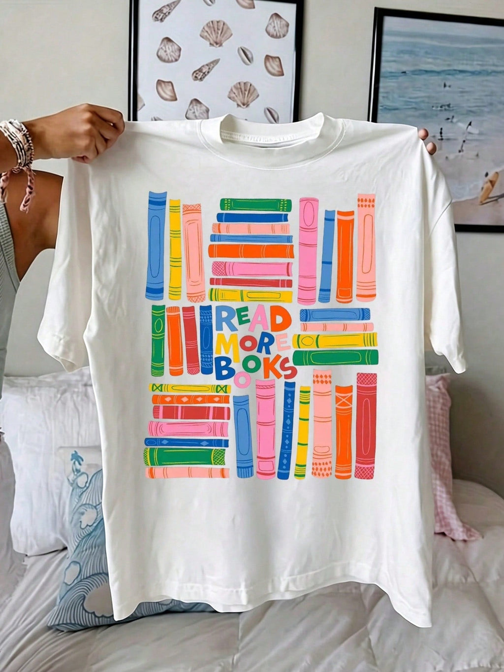 Book Lover T Shirt Women Colorful Stacked Books Graphic Tee product image 1
