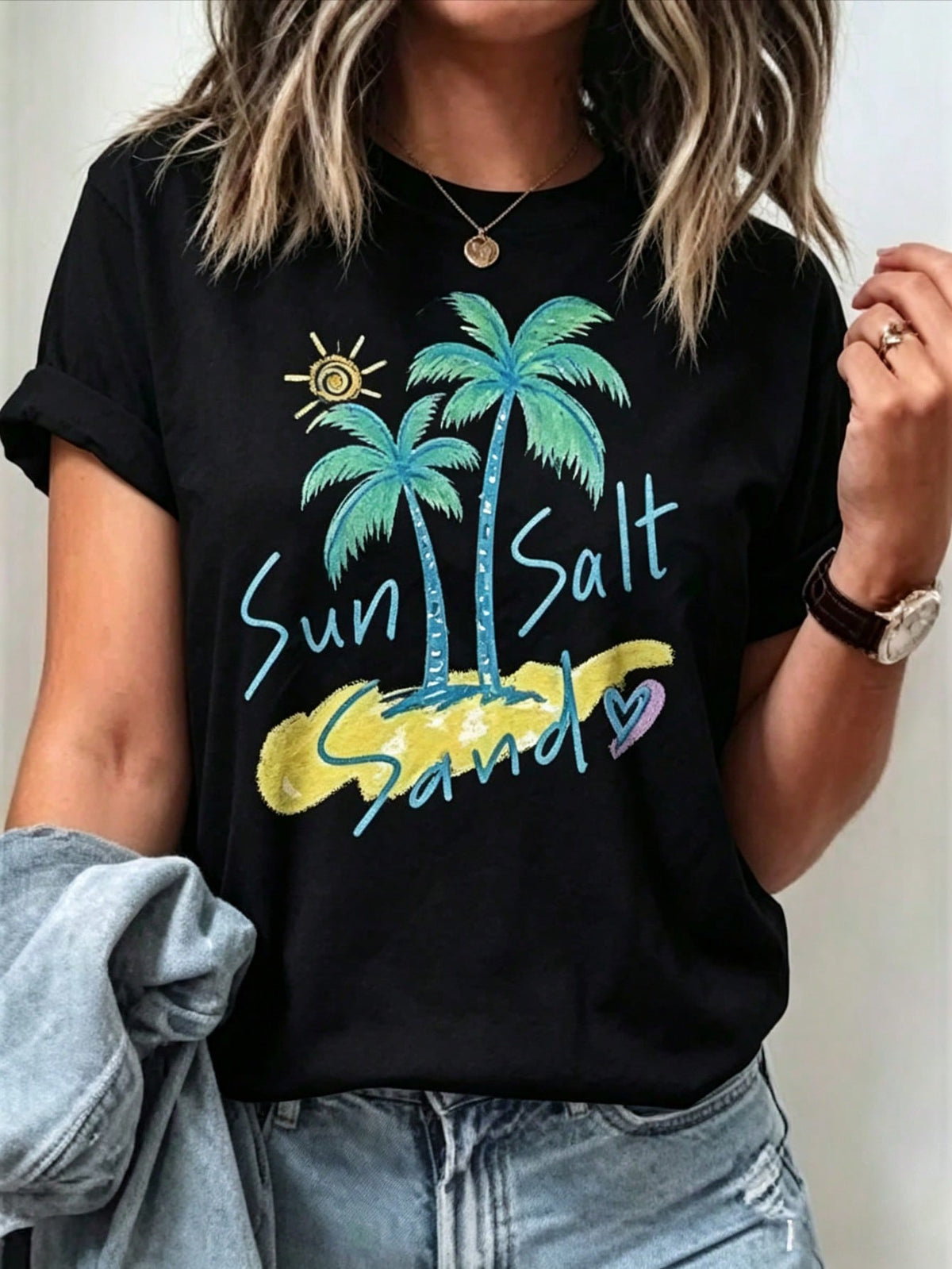 Women'S Tropical Palm Tree & Sun Salt Graphic T-Shirt product image 1