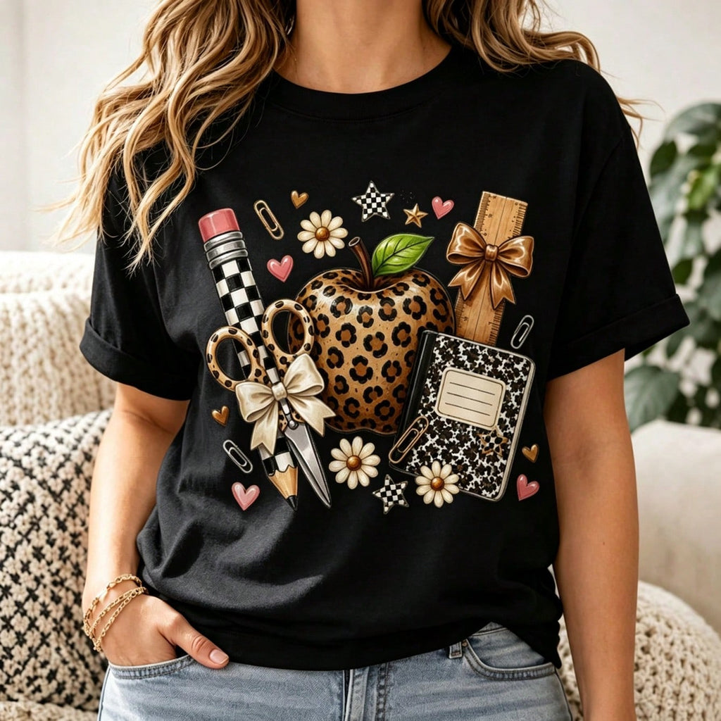 Teacher Leopard Apple School Supply Graphic T‑Shirt for product image 1