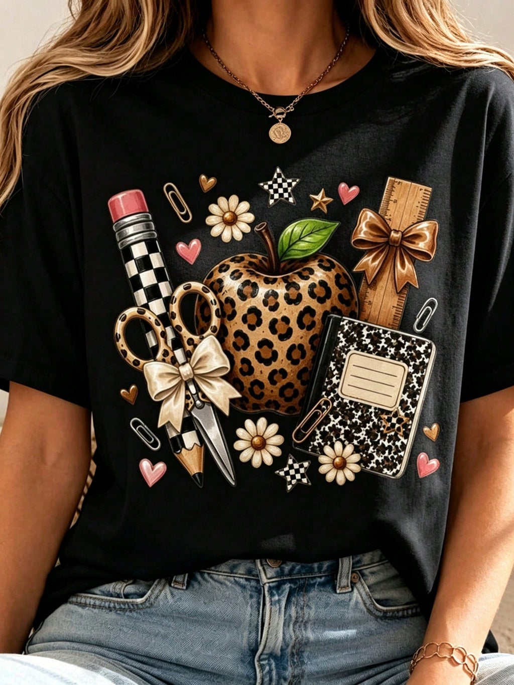 Teacher Leopard Apple School Supply Graphic T‑Shirt for product image 2
