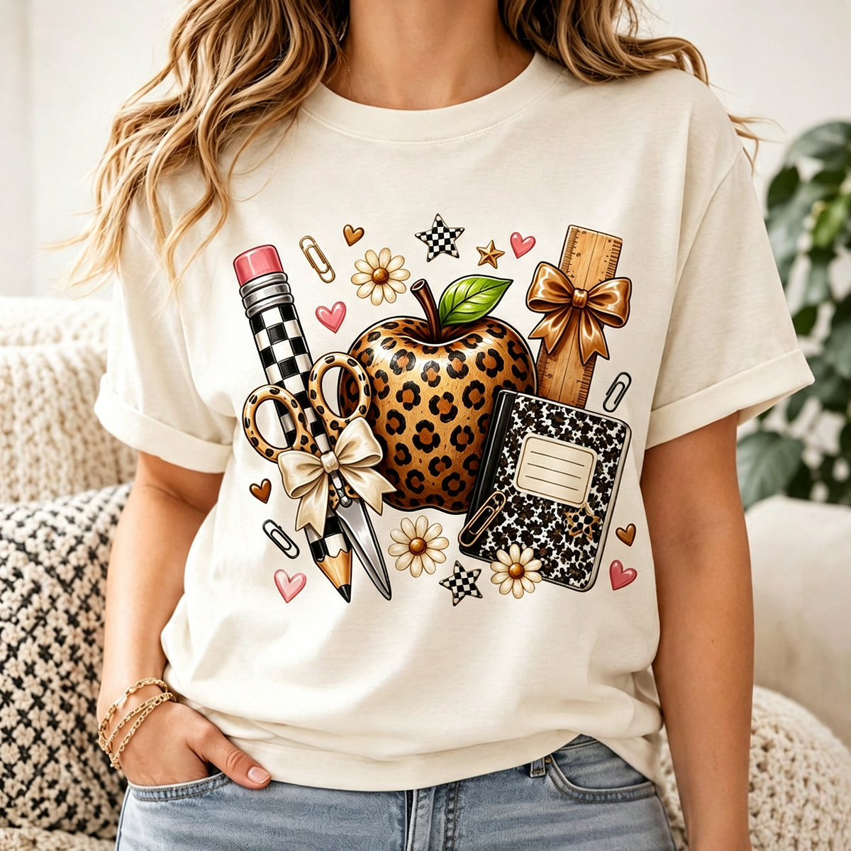 Teacher Leopard Apple School Supply Graphic T‑Shirt for product image 8