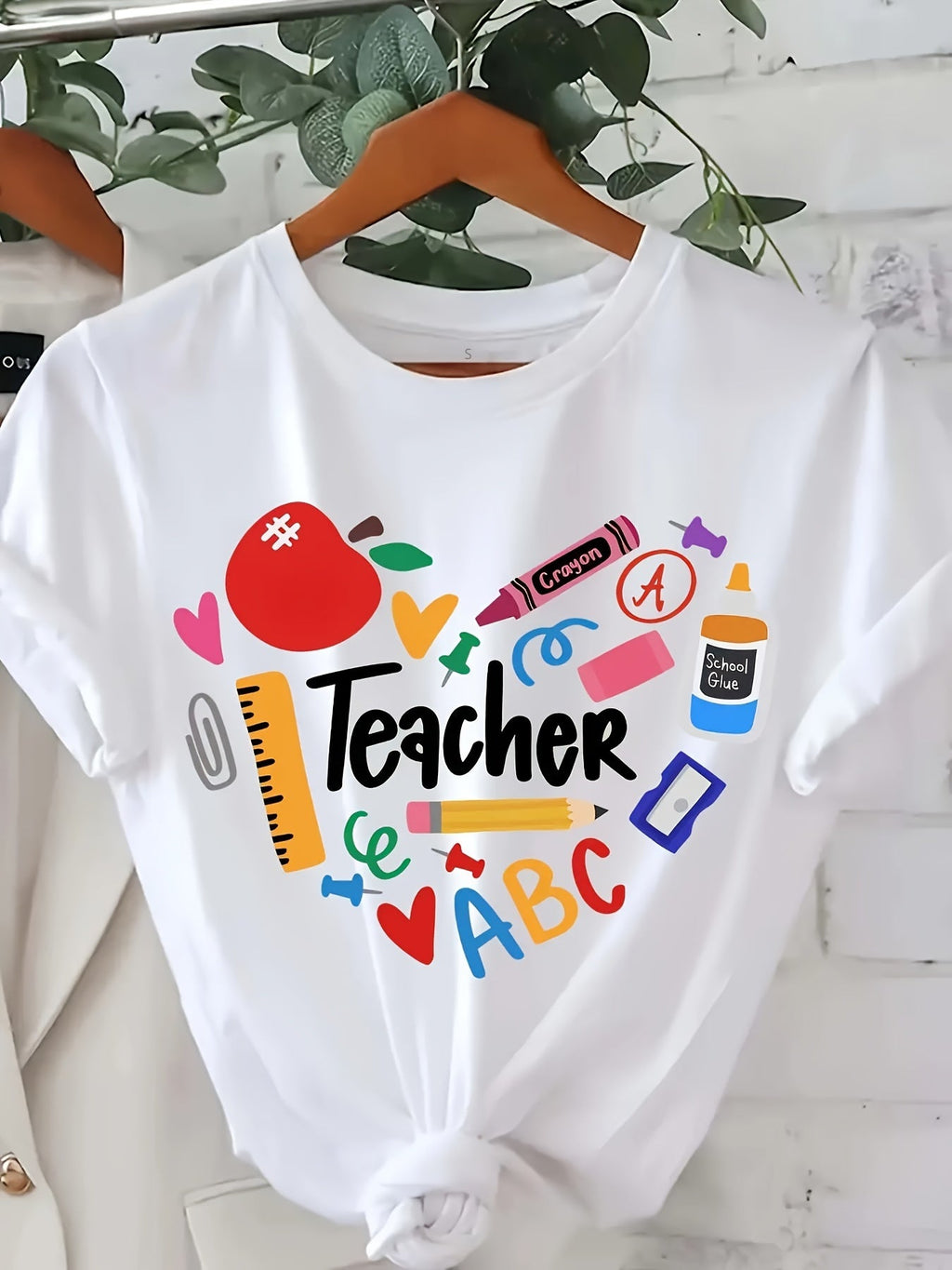 Teacher Print T-shirt, Short Sleeve Crew Neck Casual Top product image 2
