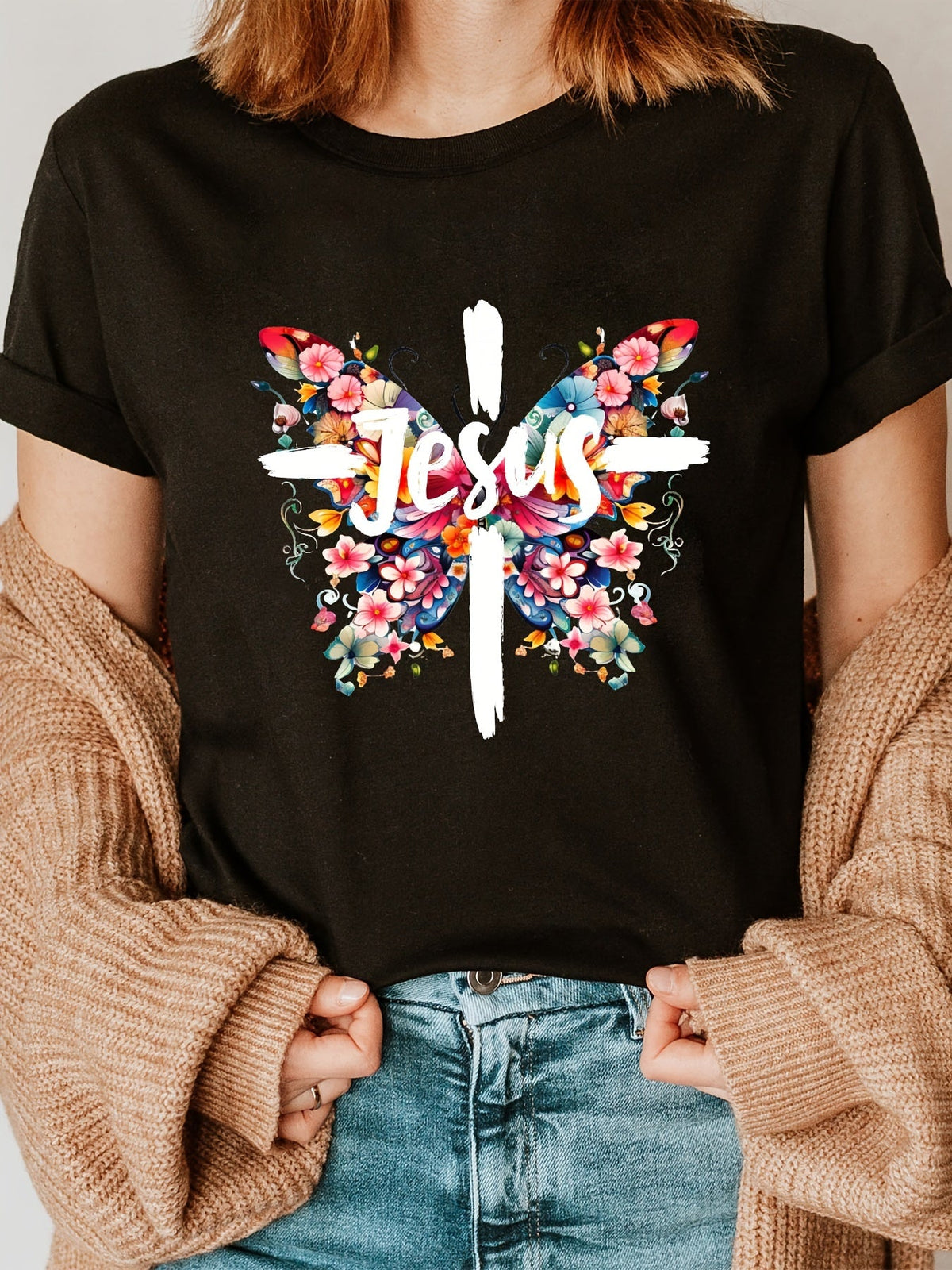 Women's Butterfly Floral Print T-Shirt, Short Sleeve Crew product image 2