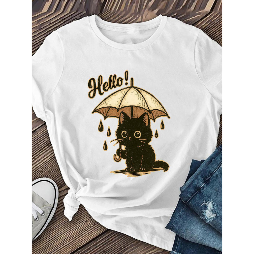Black Cartoon Cat Printed T-shirt with Umbrella | Women'S product image 1