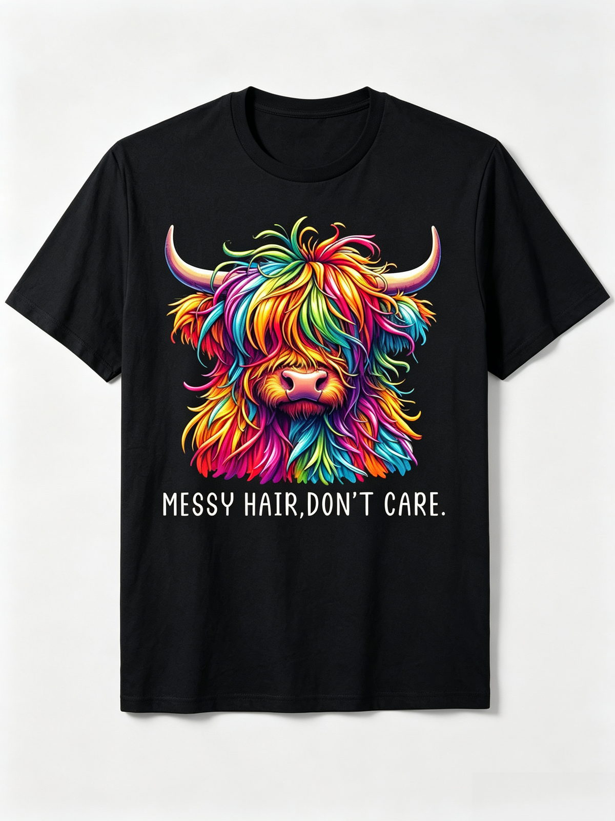 Messy Hair Don't Care T-Shirt Colorful Highland Cow Tee product image 1