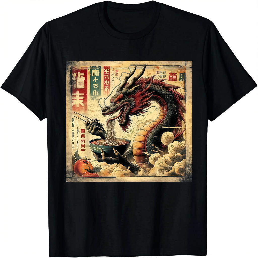 Japanese Dragon Eating Ramen Vintage Art Graphic T-Shirt product image 6