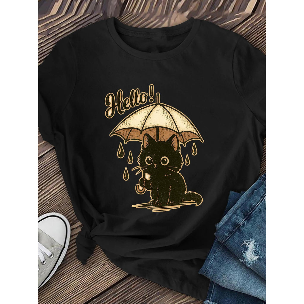 Black Cartoon Cat Printed T-shirt with Umbrella | Women'S product image 11