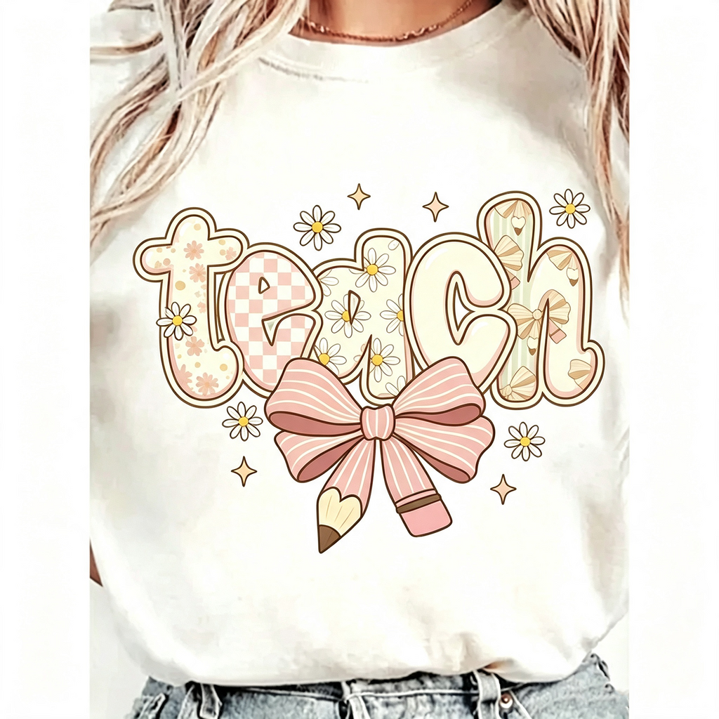 Retro Teach Graphic T‑Shirts for Women, Cute Bow Pencil product image 7
