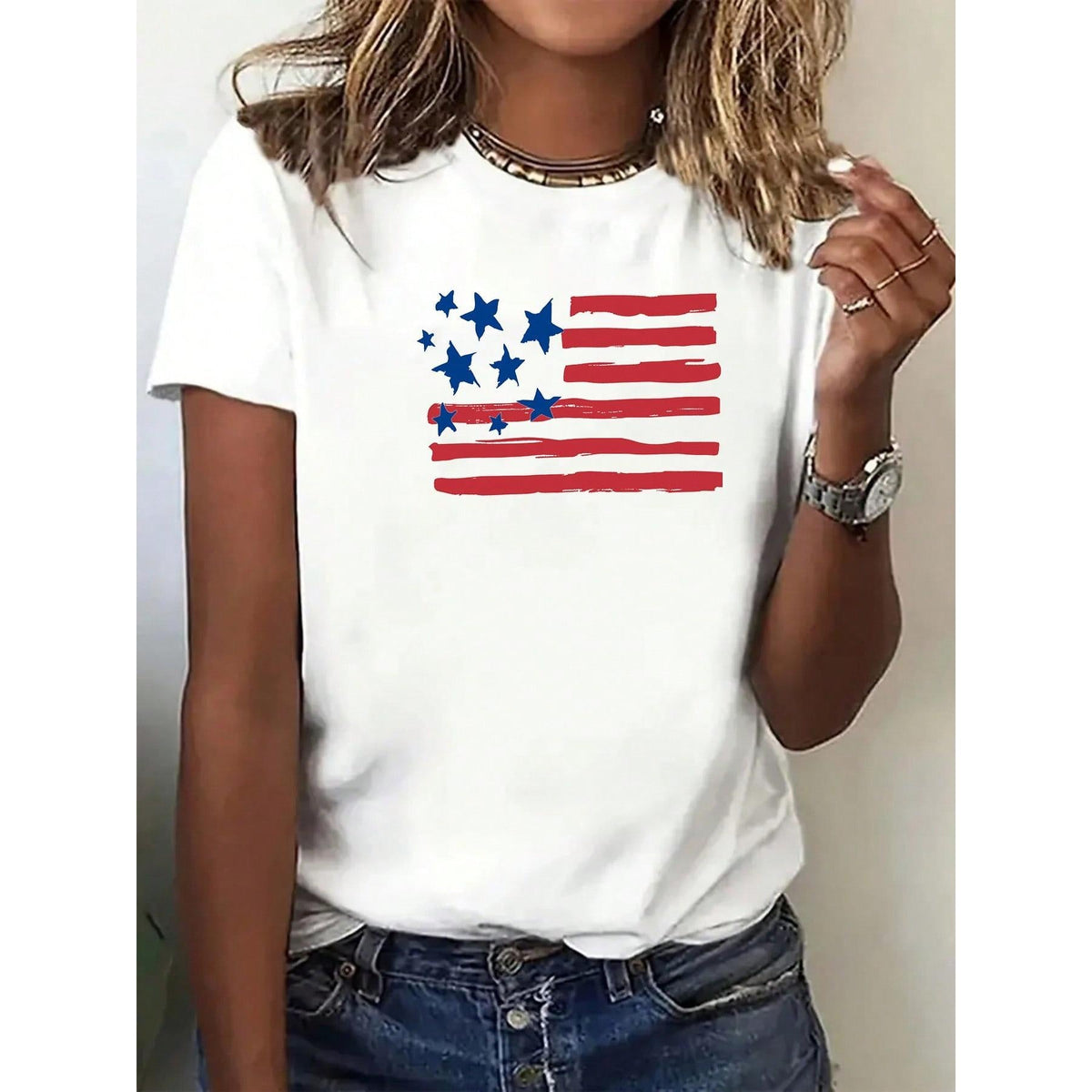 Women's Patriotic American Flag Print T-Shirt - Casual product image 1