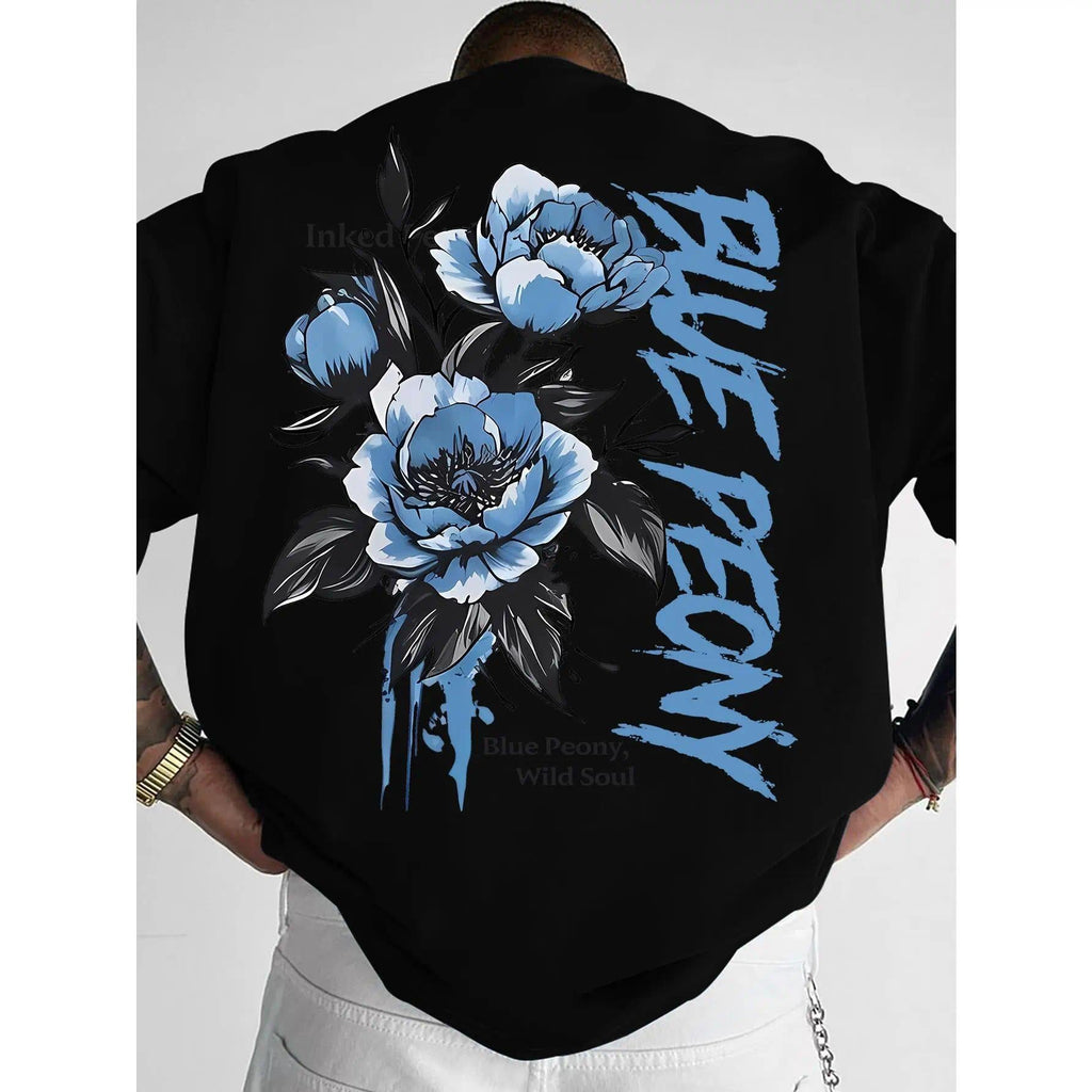[Men's T-Shirt] New American Street Style Blue Peony Print product image 3