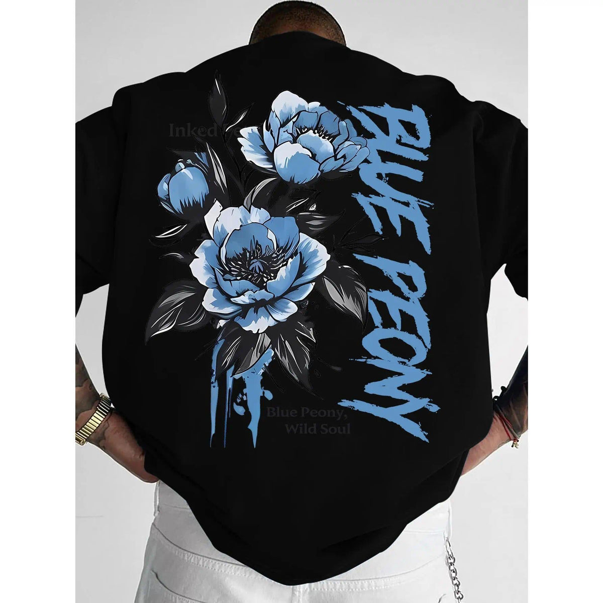 [Men's T-Shirt] New American Street Style Blue Peony Print product image 3