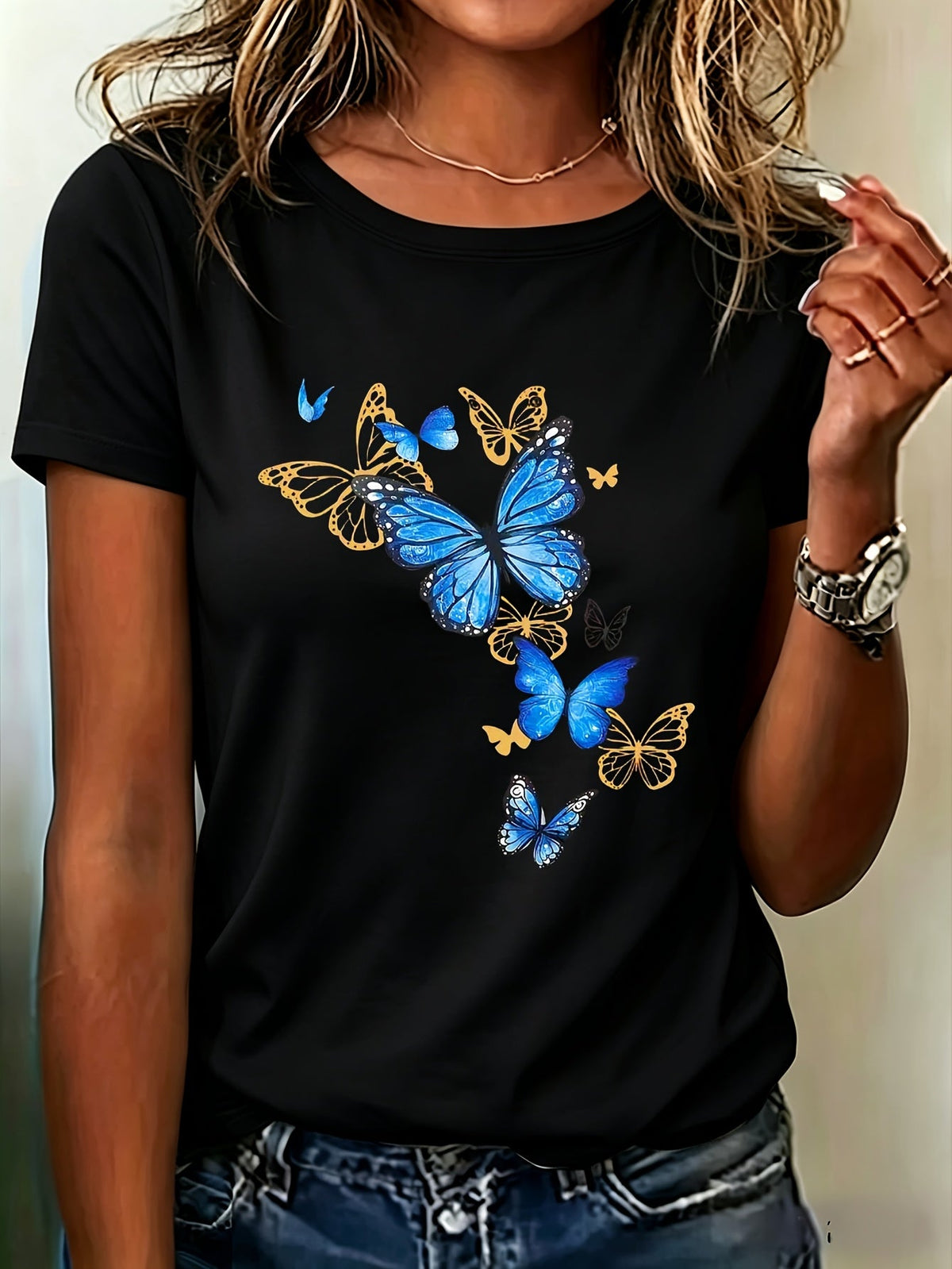 Women's Blue Butterfly Graphic T-Shirt, Casual Crew Neck product image 2