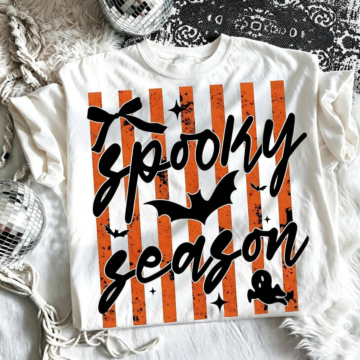 Spooky Season Halloween Graphic Tee Striped Bow Bat Print product image 1