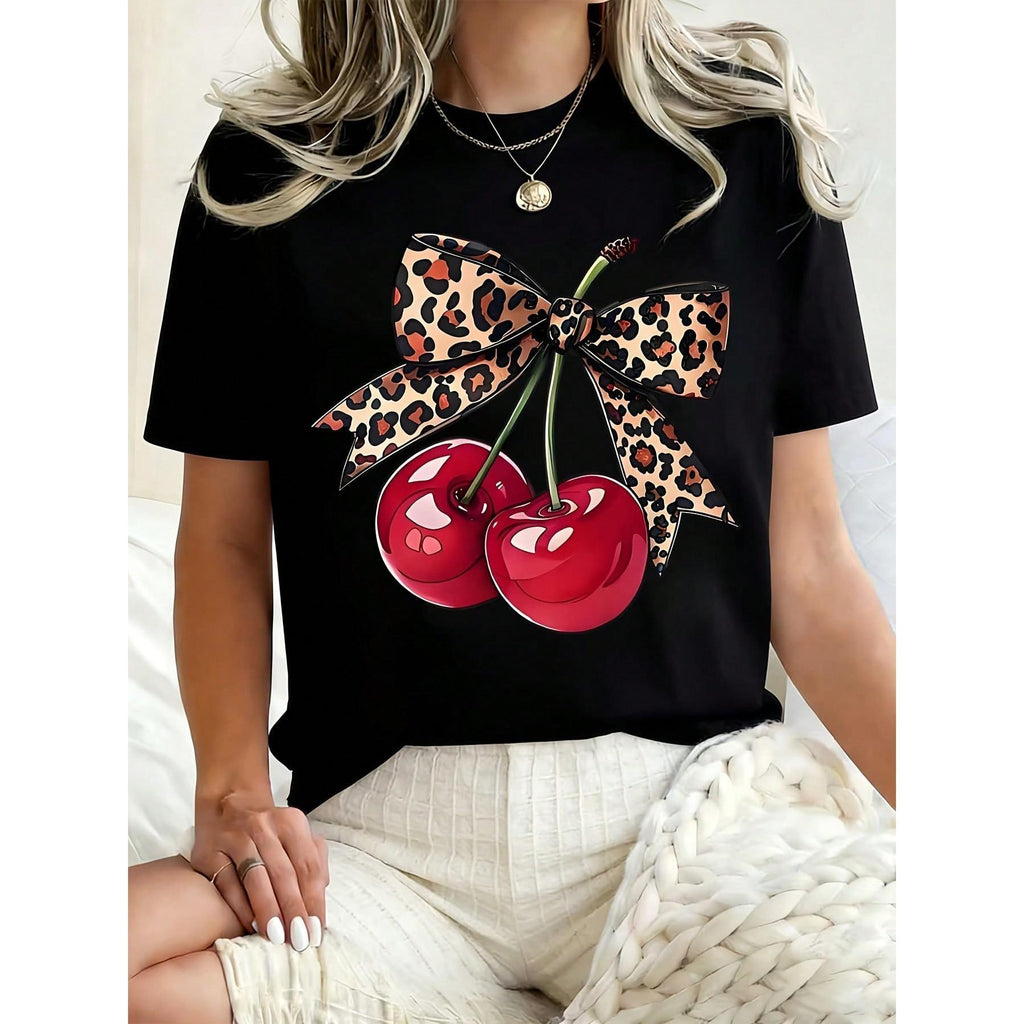 Women Round Neck T Shirt Cherry Leopard Bow Print Casual product image 2