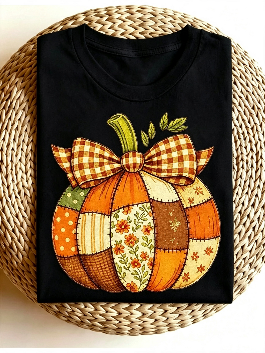 Fall Patchwork Pumpkin Bow Graphic T‑Shirt for Women, Retro product image 2