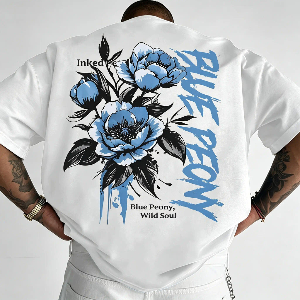 [Men's T-Shirt] New American Street Style Blue Peony Print product image 1
