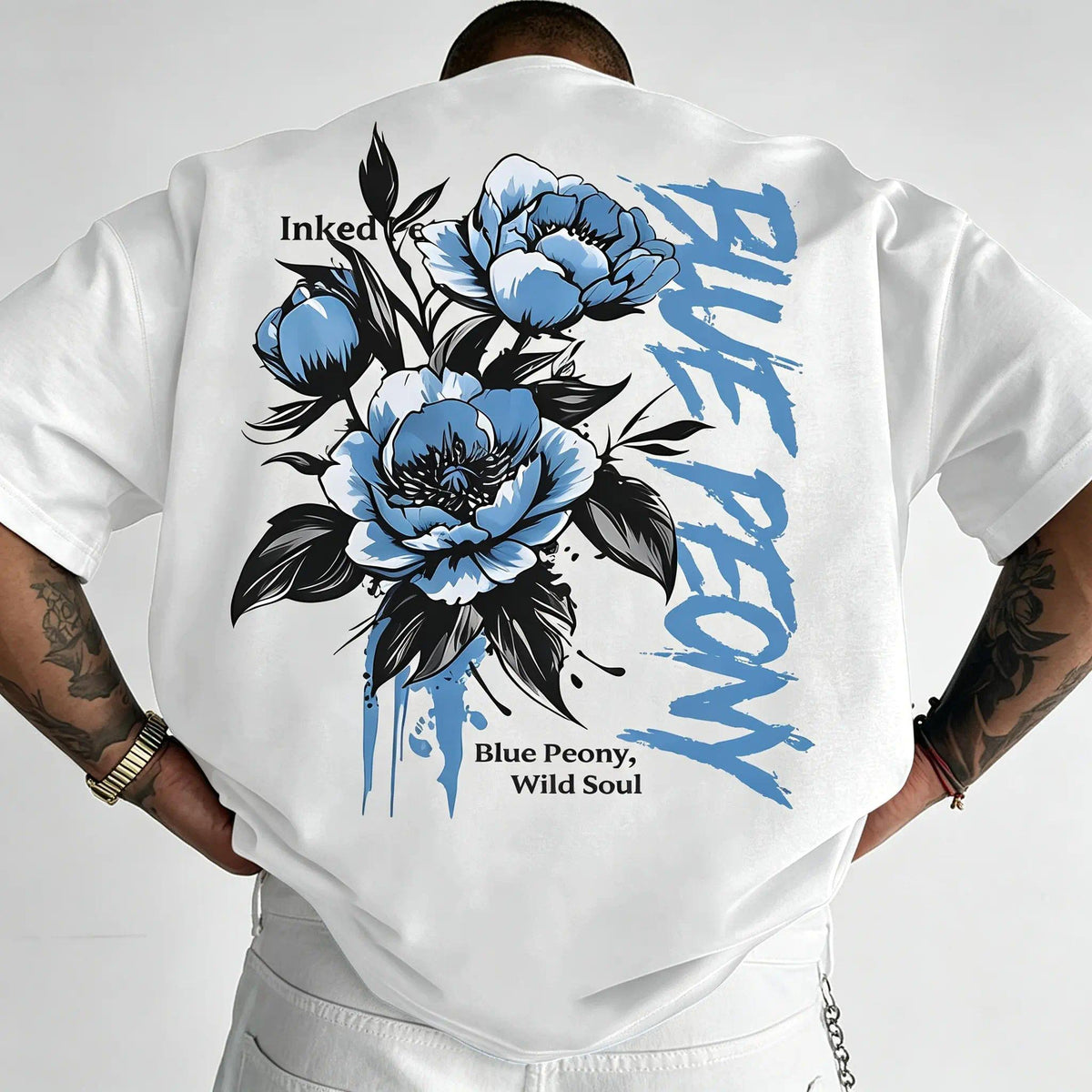 [Men's T-Shirt] New American Street Style Blue Peony Print product image 1